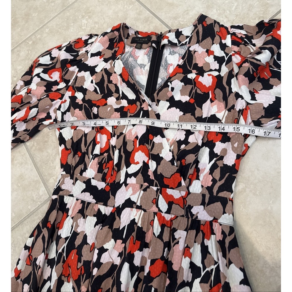 Ted Baker London Floral Size XS Above  Knee Flare Puff Sleeves Zip Back Pockets - Picture 5 of 13